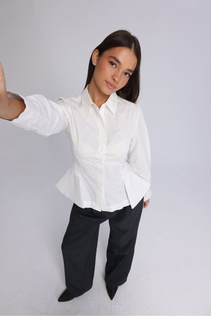 Women's White Waist Accent Corset Formed Long Sleeve Shirt