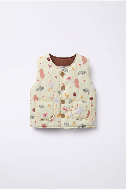 Children's Animal Patterned Light Yellow Quilted Vest
