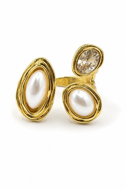 Women's Gold Color Steel Adjustable Ring – Triple Design with Pearl and Zircon Stone Detail