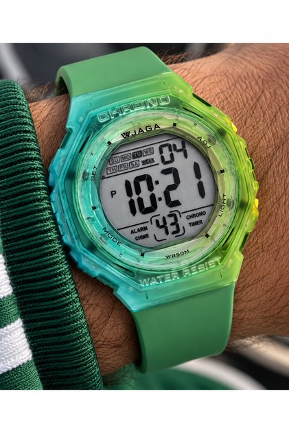Sports Digital Men's Wristwatch, Green Silicone Cord, Pool Sea Use, Alarm, Lighting, Stopwatch, Stylish Gift Package