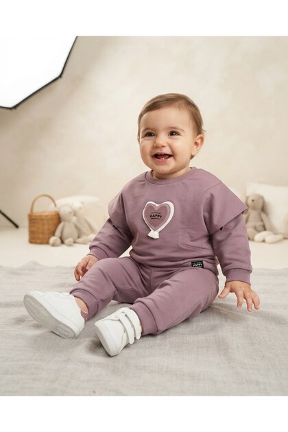 Baby Girl Heart Embroidered Bat Sleeve 6-9-12-18-24 Months Stylish Seasonal 2 Thread Baby Set