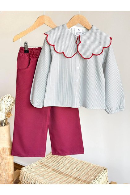 Girl's Collar Detailed Striped Shirt and Pants Set