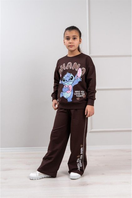 Girl's Character Patterned Comfortable Fit Wide Leg 2-Piece Tracksuit Set - 2017