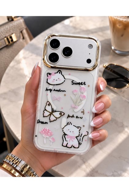 iPhone 17 Pro Max Compatible Transparent Patterned Case with Gold Camera Frame and Magsafe Support