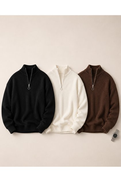 Men's 3-Piece Half-Zip Ribbed Knit Sweater Set