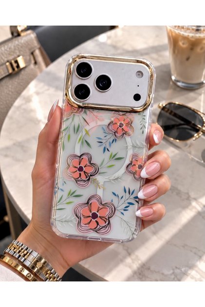 iPhone 17 Pro Max Compatible Transparent Patterned Case with Gold Camera Frame and Magsafe Support