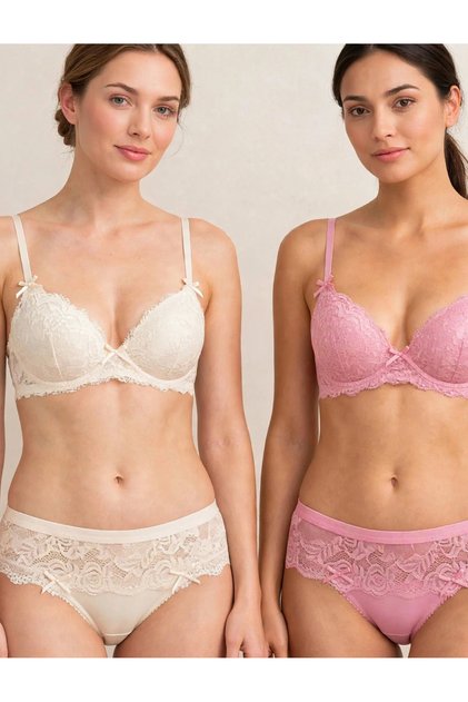 Tutku Kadın 2'li Paket Dantelli Pamuklu Külot - Yanları Dantel Detaylı Kurdeleli Esnek Rahat Slip (Pembe & Krem)