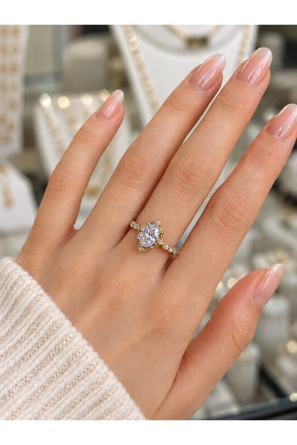 Kadın 925 Ayar Gümüş Yüzük – Oval Zirkon Taşlı Vintage Gold Rhodium Kaplama Evlilik Teklifi Sevgiliye Eşe Hediye