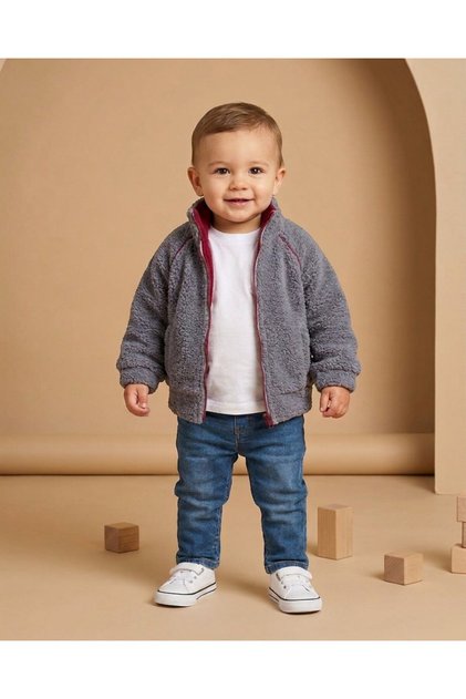 Baby Boy Winter Welsoft Stand Collar Zippered Lamb Cardigan, 1-2-3-4 Years Old Winter Plush Jacket