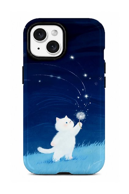 iPhone 15 Compatible - White Style Cat, Double Layer Cover, Glossy Surface Protective Case