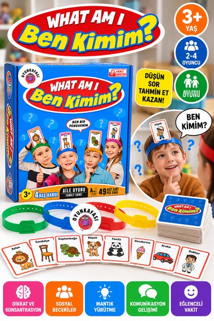 Ben Kimim? Tahmin Oyunu 49 Kartlı 4 Baş Bantlı Çocuk ve Aile Oyunu 2-4 Kişilik 3+ Yaş