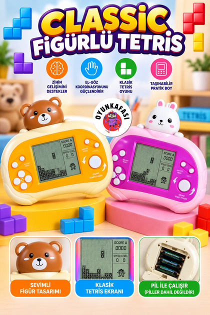 Classic Figürlü Tetris Elektronik El Oyunu Ayıcık Tavşan Model Taşınabilir Klasik Tetris Oyuncağı