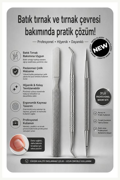 Profesyonel 3 Parça Batık Tırnak ve Tırnak Çevresi Bakımı, Paslanmaz Tırnak ve Cilt Bakım Seti