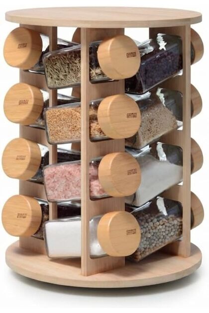 Premium 20-Jar Rotating Spice Rack Organizer, Revolving Bamboo Countertop Stand with 360-Degree Multi-Tier Storage, Airtight Glass Jars for Herbs, Spices and Seasonings