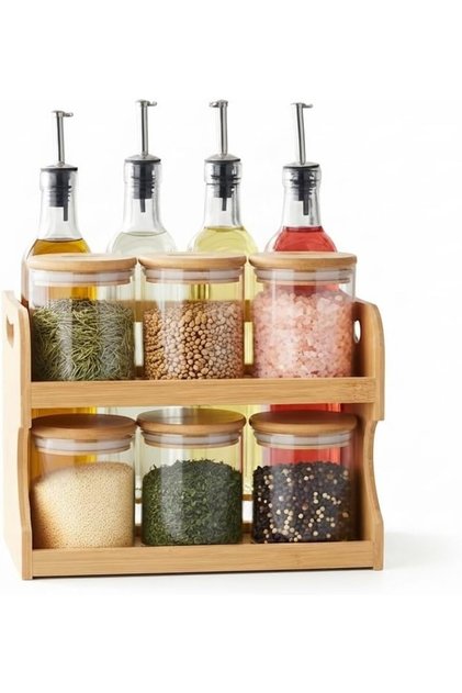 2-Tier Bamboo Spice Rack Organizer with 6 Airtight Glass Jars & 4 Oil and Vinegar Dispenser Bottles, Countertop Storage Shelf for Spices, Seasonings, Herbs and Kitchen Organization
