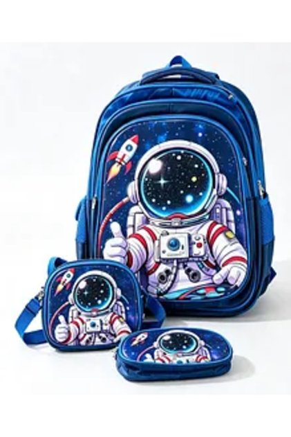 School Kit, Astronaut Themed, Includes School Bag, Lunch Bag & Pencil Pouch, Three Compartments, Water Resistant, Zipper Closure, 3 Years+, Navy Blue - 17 Inches