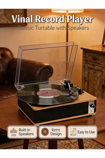 Bluetooth Vinyl Record Player 3-Speed Turntable With Stereo Speakers Retro Phonograph RCA Line Out 3.5mm Headphone Jack Aux Input Brown