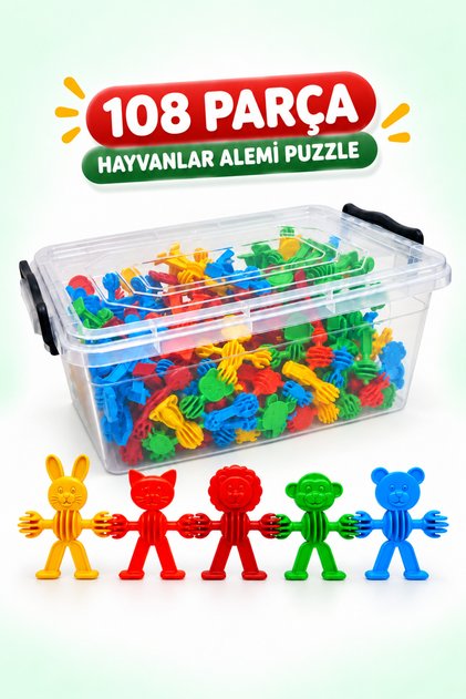 108 Piece Large Size Animal World Puzzle 6.30 cm Educational Toy with Storage Box