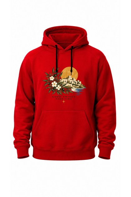 Unisex Vintage Mediterranean Aegean Themed Good Things Take Time Written Olive Branch Printed Kangaroo Pocket Hooded 100% Cotton 3 Thread Sweatshirt