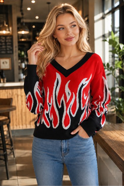 Women's V-Neck Long Sleeve Flame Patterned Color Garnished Special Design Stylish Elegant Red Knitwear Sweater