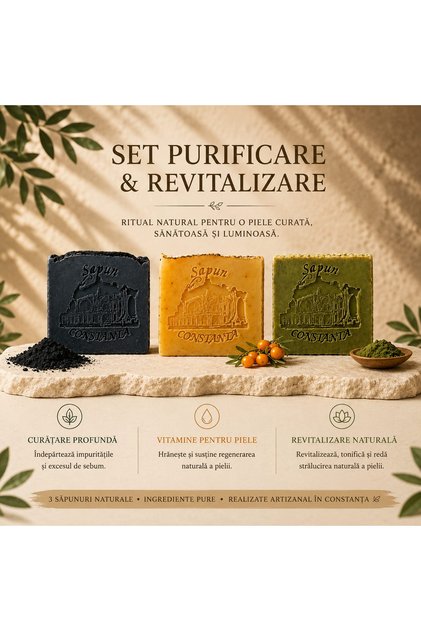 Set de 3 săpunuri detox artizanale – cărbune activ, cătină și alge clorella – 3 × 100 g
