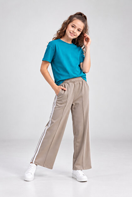 Girl's Double Striped High Waist Wide Leg Sweatpants