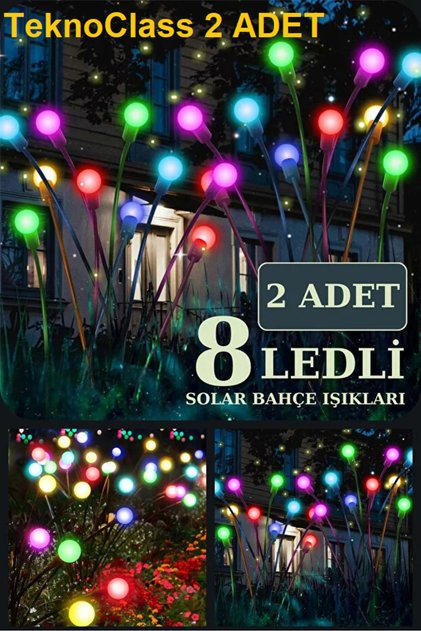 2 Adet Güneş Enerjili 8LED'li Renkli Ateş Böceği Kazıklı Led Bahçe Aydınlatması Solar Bahçe Süsü