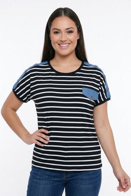 Women's Wide Collar Front Horizontal Striped Button Detailed Lycra B.B. Blouse