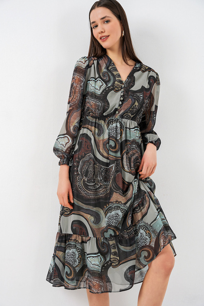 Women's Patterned Chiffon Dress 1149 - C. Çağla