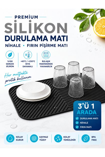 Tezgah Üstü Bulaşık Kurutma, Durulama Matı, Isıya Dayanıklı, Kaymaz ve Katlanabilir %100 Silikon