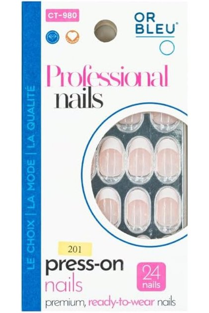 CT980 Press-On Nails, French Tips, Nude Tones, Geometric Accents, 24 Salon-Shaped Nails, No Glue Required (201)