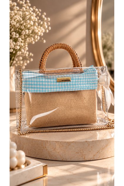 Davinci Women's Transparent Bamboo Handle Hand and Shoulder Bag with Gold Chain Strap and Inner Bag