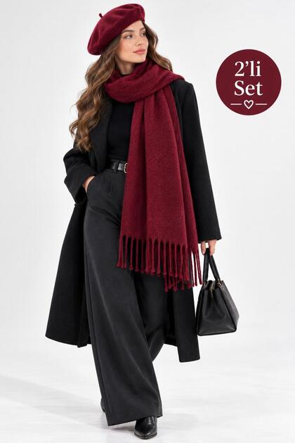 Women's 2-Piece Set Burgundy Scarf and Painter's Beret Set, Winter Gift, Valentine's Day Gift