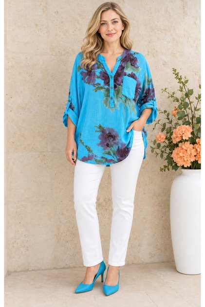 Italian Cotton Sequin Pocket Three Quarter Sleeve High Neck Women's Shirt 44-48