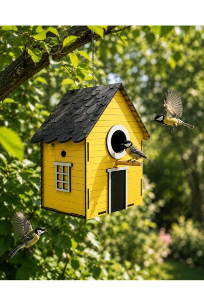 Wooden Decorative Bird House Nest, Nesting Box, Balcony, Garden Accessory (Yellow 16X10X22 cm)