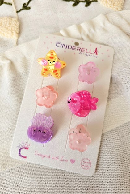 Set of 6 Starfish, Jellyfish, Fish and Flower Motif Mini Acetate Hairpin Clips - Gift Hair Clips