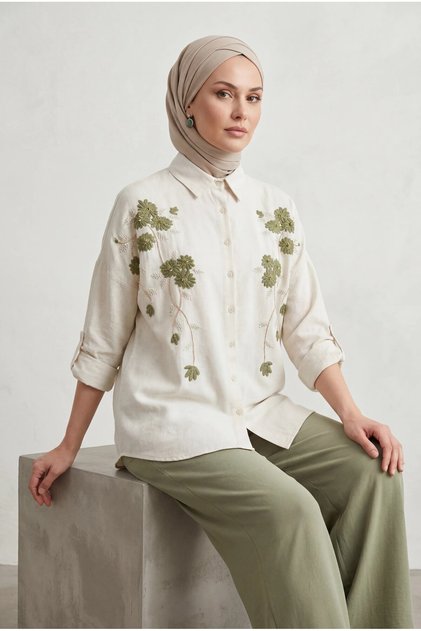 Embroidered Stone-Embellished Oversized Linen Shirt