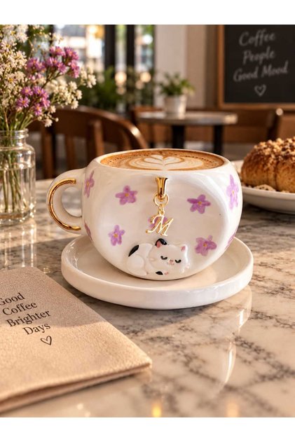 Handmade Ceramic Cup with Letter Charm Detail and Cat Figure (Specify the Letter You Want in the Message after Ordering)