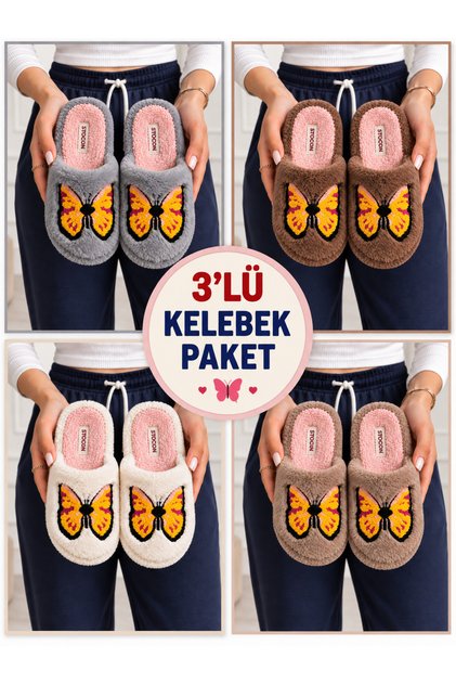 3-Pack Plush House Slippers with Butterfly Embroidery, Closed Toe, Soft Insole, Winter House Slippers, Dowry Slippers, Gift Stc1158