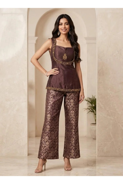 Women's Embroidered Peplum Top & Brocade Palazzo Set – Sleeveless Embellished Top with Printed Wide-Leg Pants – Ramadan & Eid – Wine – Indian Ethnic Wear