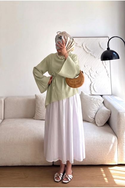 Women's Long Bat Sleeve Hijab Asymmetrical Cut Waist-Tie Stylish Tunic Shirt