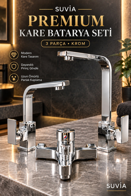 Square Faucet Set 3 Piece Chrome Kitchen Sink Bathroom Faucet Brass Body Premium