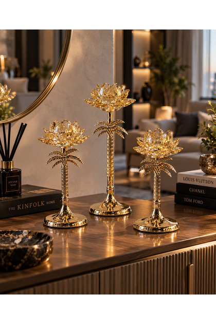 Gold Kristal Lotus Çiçeği Dekoratif Obje 3’lü Set
