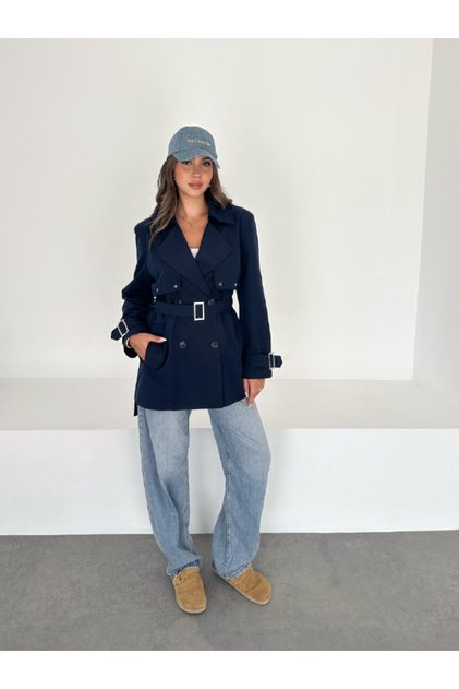 Eyelet Buttoned Belted Trench Jacket