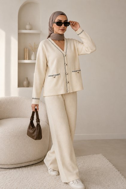 Stripe Detailed Soft Textured Cardigan Pants Sports Two-Piece Knitwear Set