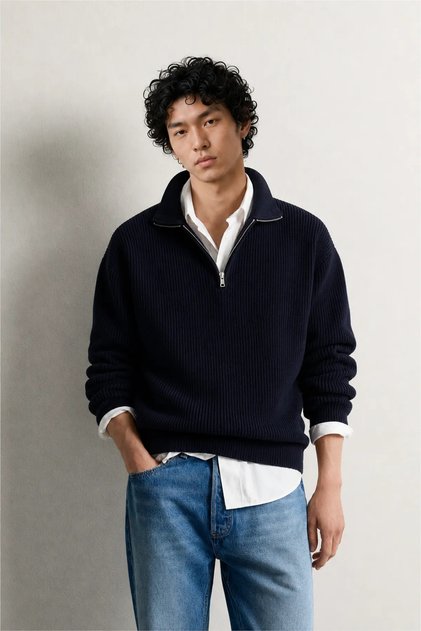 Orlo - Navy Blue - Cotton Half-Zip - High-Neck Men's Sweater