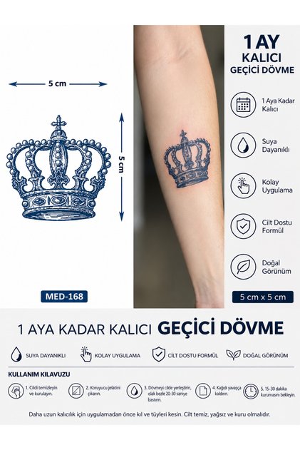 1 Ay Kalıcı 24 Saat Sonra Kararan 5X5 cm minimal Kral Taç model Geçici Dövme Tattoo