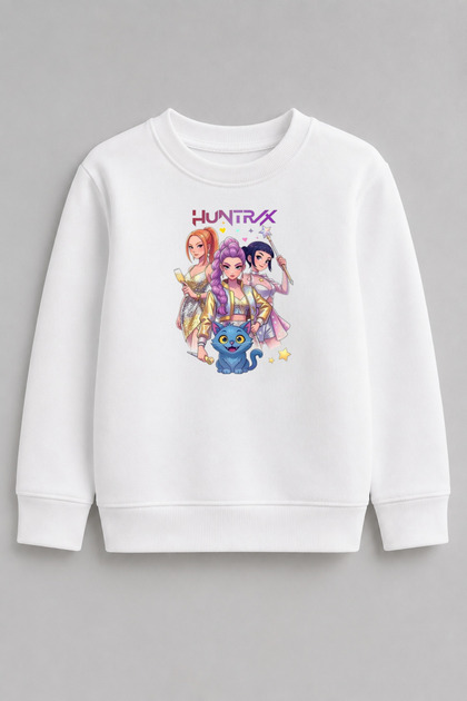 Kız Çocuk Huntrix Karakter Baskılı Siyah Bisiklet Yaka Sweatshirt