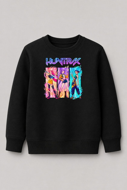 Kız Çocuk Huntrix Karakter Baskılı Siyah Bisiklet Yaka Sweatshirt