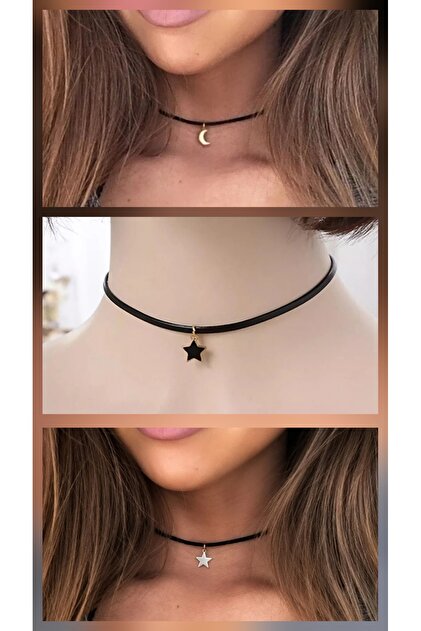 Nish Best 3 Lü Ay/Yıldız Uçlu Siyah Güderi Choker Seti